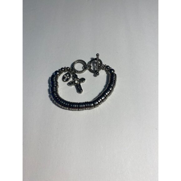 Cross Stretch Bracelet Sliver Tone Unisex - Picture 3 of 8